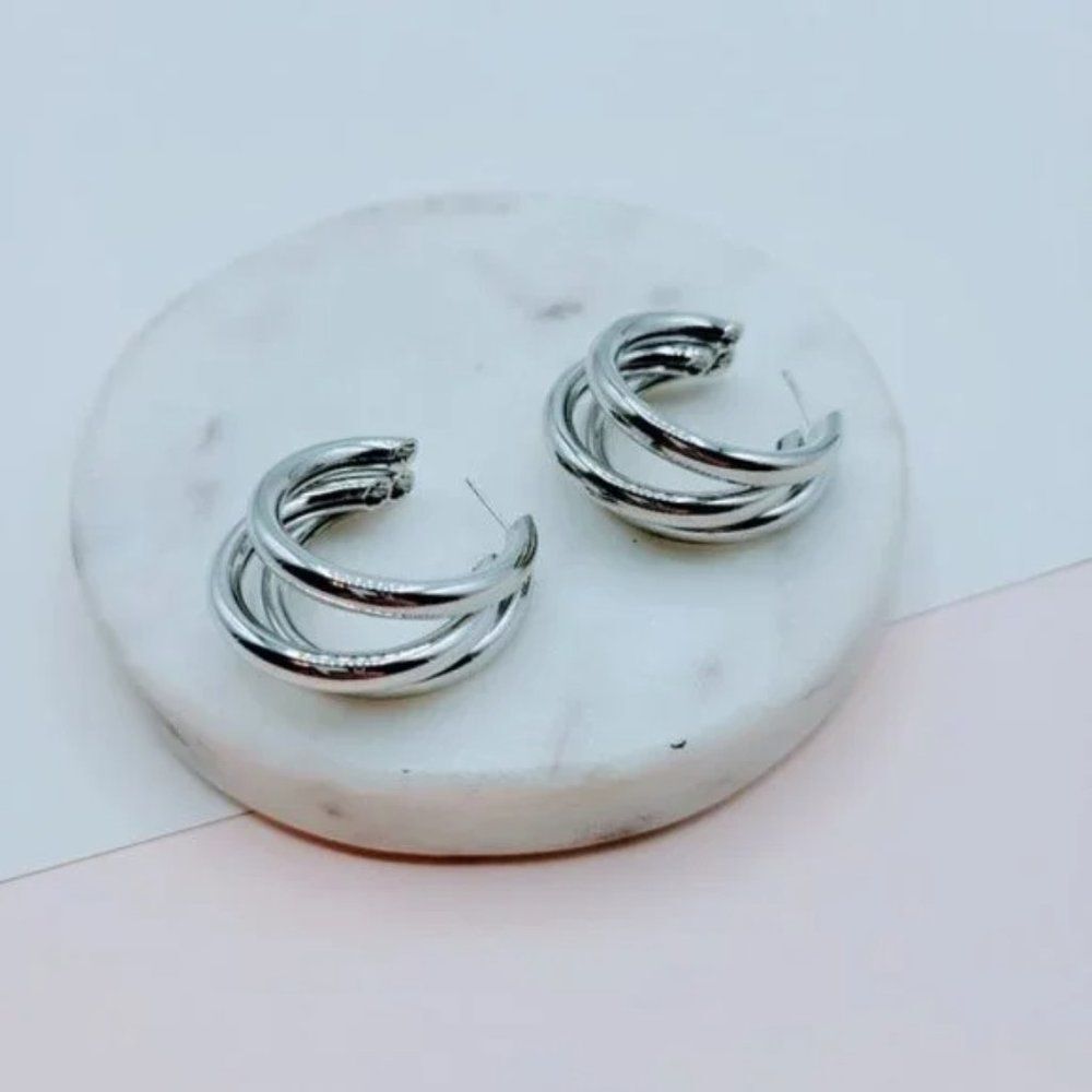5/$25 Silver Color Triple Hoop Statement Earrings - Picture 8 of 8